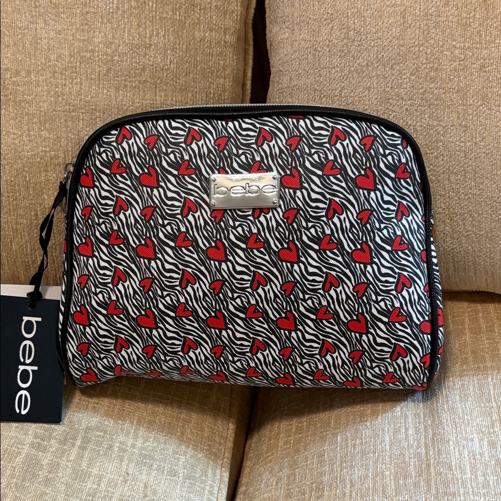 Bebe Red Heart Zebra Print Cosmetic Bag